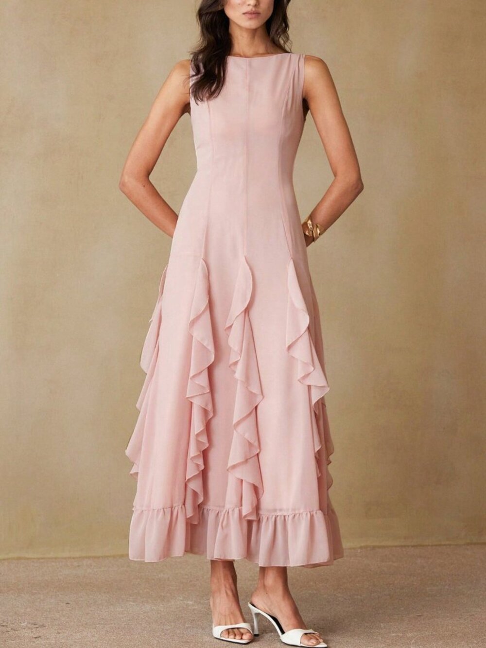 Pink Elegant Women's Waist Cinched Vertical Splice Ruffle Hem Slim Fit Dress - Picture 6 of 7